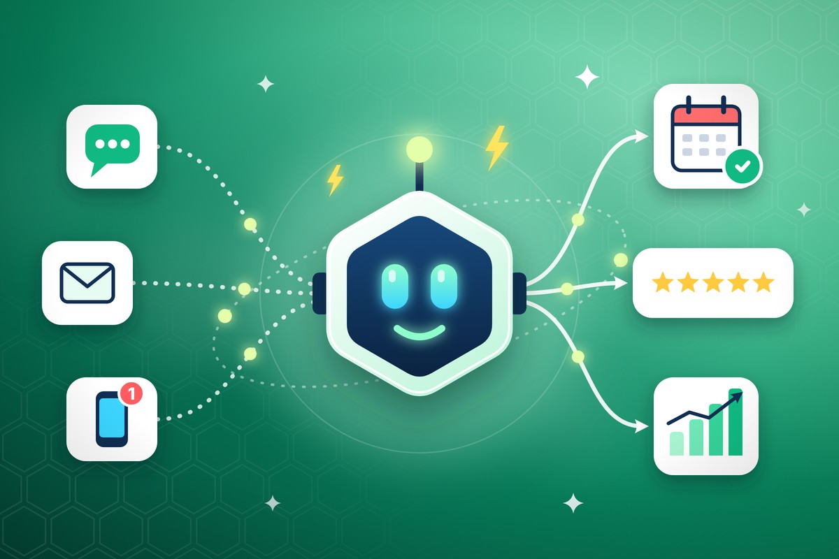 AI automation: an AI assistant answering messages, emails and missed calls, then booking appointments and collecting reviews